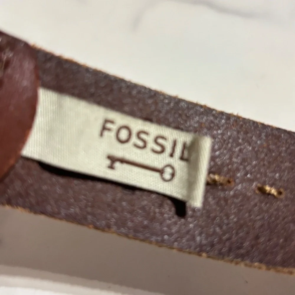 Fossil Mens Brown Leather Whipstitch Belt Brass Buckle Size 36-40